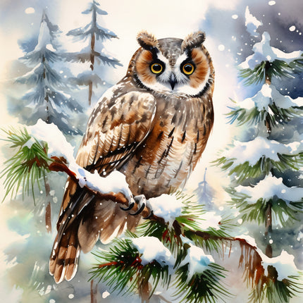 Owl perched on a branch with snow-covered trees fabric panel