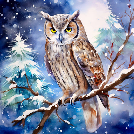 Painting of an owl on a branch with a snowy landscape fabric panel