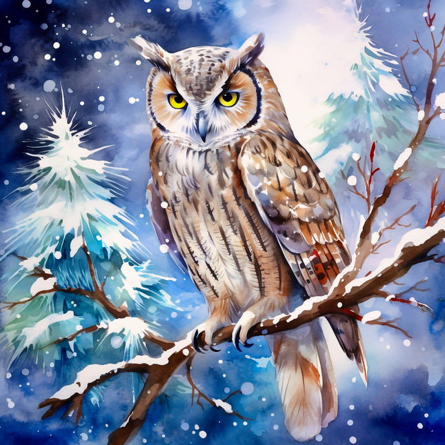 Painting of an owl on a branch with a snowy landscape fabric panel