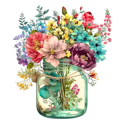 Colorful bouquet of flowers in a mason jar fabric panel