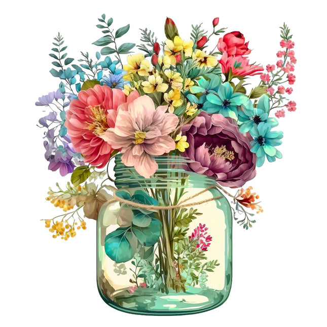 Colorful bouquet of flowers in a mason jar fabric panel