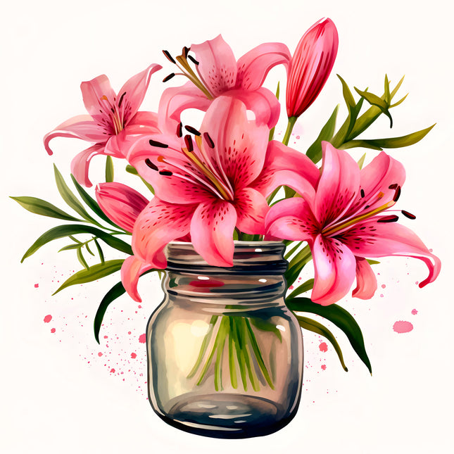 Pink Flowers in Jar 100% Cotton Fabric Panel Block CC171