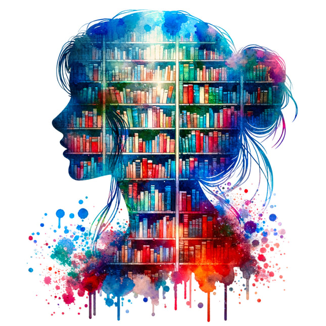 Colorful silhouette of a head with a bookshelf inside, surrounded by paint splashes 