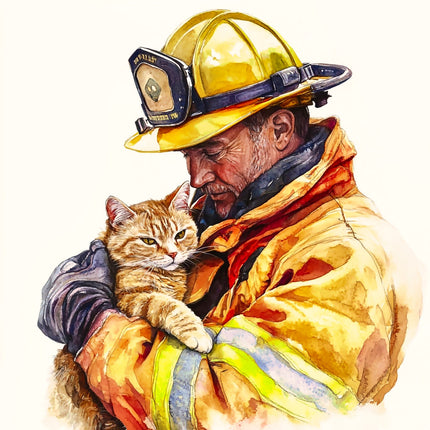 Firefighter in full gear holding a cat fabric panel