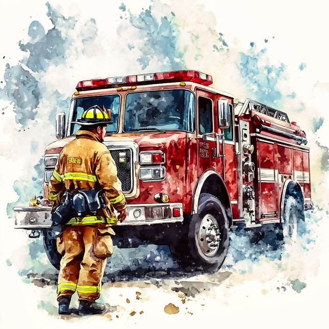 Firefighter standing next to a fire truck fabric panel