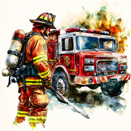 Firefighter in full gear standing next to a fire truck with a watercolor effect fabric panel