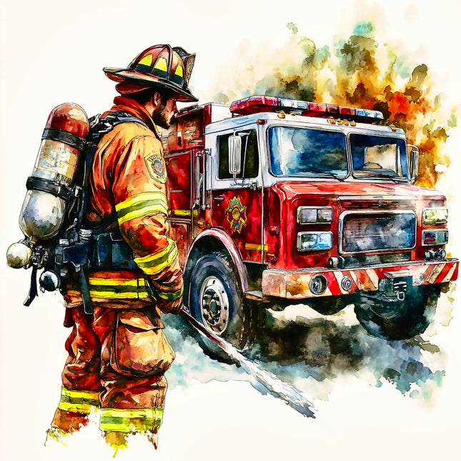 Firefighter in full gear standing next to a fire truck with a watercolor effect fabric panel