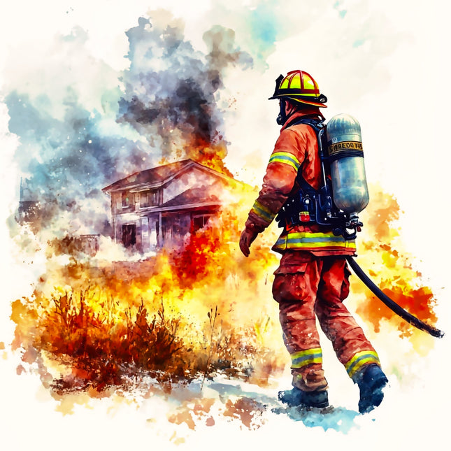 Firefighter with a hose facing a burning building fabric panel