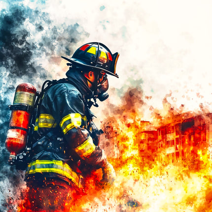 Firefighter in full gear against a fiery background fabric panel