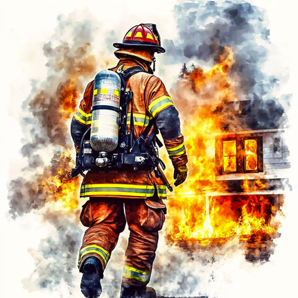 Firefighter in full gear walking towards a burning building with smoke and flames in the background.