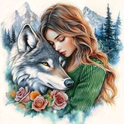 Illustration of a woman with a wolf and flowers in a forest setting fabric panel