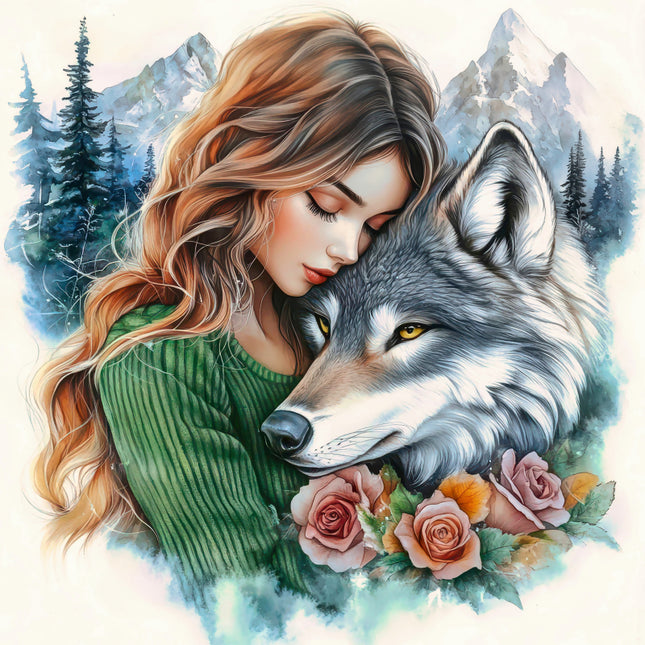 Woman in green sweater hugging a wolf with flowers in a forest setting fabric panel