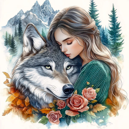 Woman hugging a wolf with a mountain and forest background quilt panel