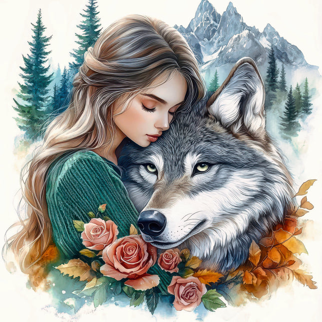 Illustration of a woman embracing a wolf with mountains and trees in the background fabric panel