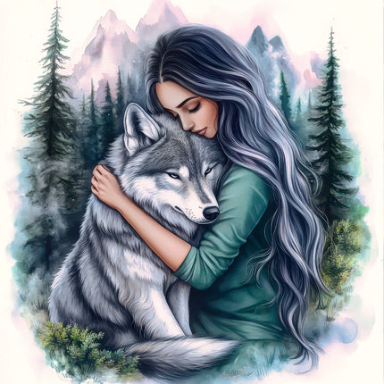 Woman hugging a wolf fabric panel
