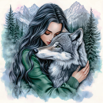 Woman hugging a wolf with a mountainous landscape in the background