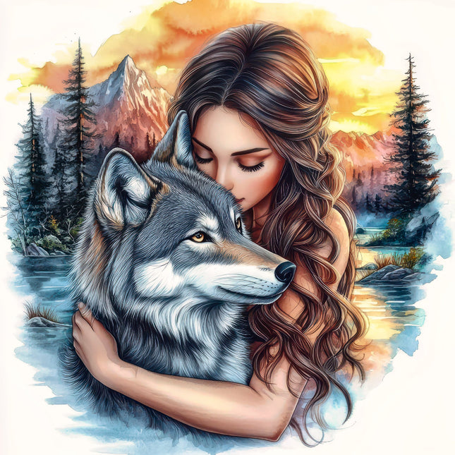 Woman hugging a wolf with a scenic mountain background quilt panel