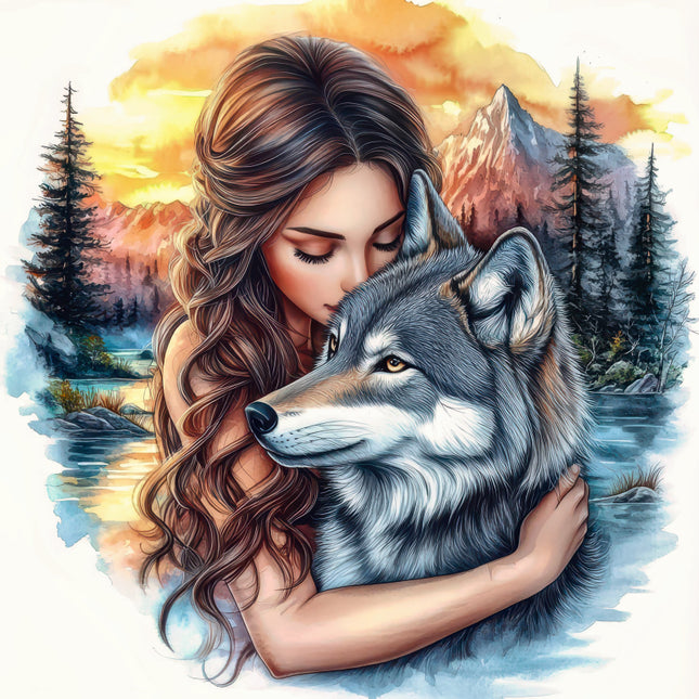 Woman hugging a wolf with a scenic background of mountains and trees fabric panel