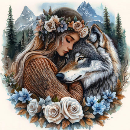 Woman with floral crown embracing a wolf in a forest setting fabric panel