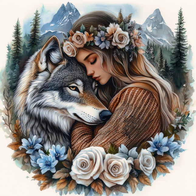 Woman with a wolf and floral wreath in a mountainous landscape fabric panel