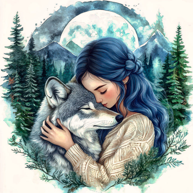 Illustration of a woman with blue hair hugging a wolf in a forest setting quilt panel