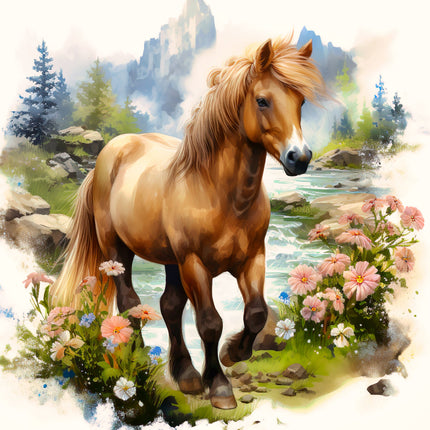 Brown horse standing in a scenic landscape with flowers and water quilt panel