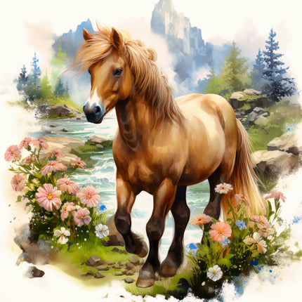 Brown horse standing in a scenic landscape with flowers and water fabric panel