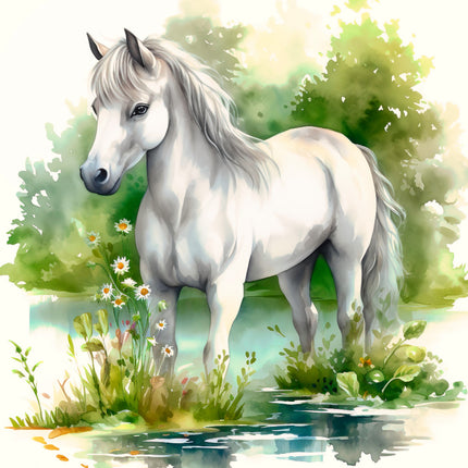 White horse standing by a pond quilt panel