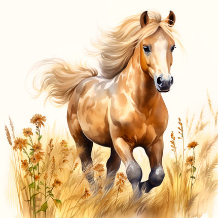 Horse running through a field of tall grass and flowers fabric panel