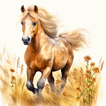 Horse running through a field of tall grass and flowers fabric panel