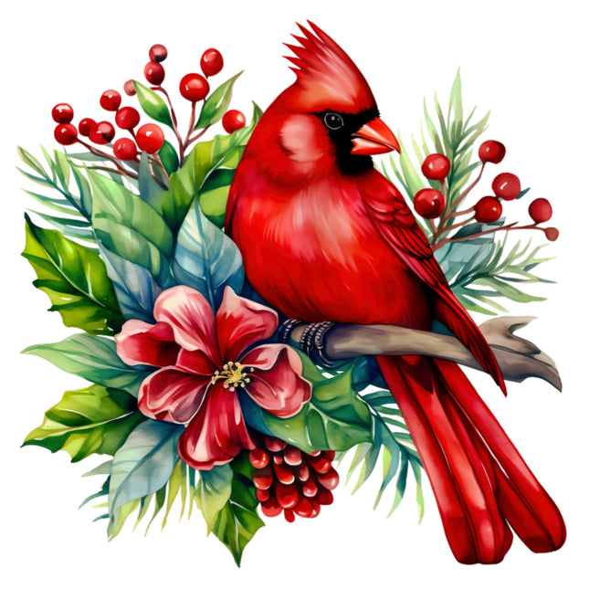 Red cardinal bird perched on a branch with flowers and berries fabric panel