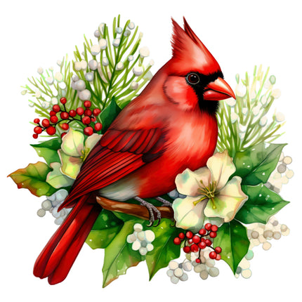 Red cardinal bird on a branch with greenery and berries fabric panel