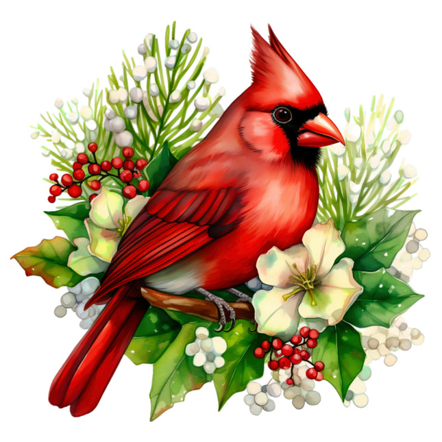 Red cardinal bird on a branch with greenery and berries fabric panel