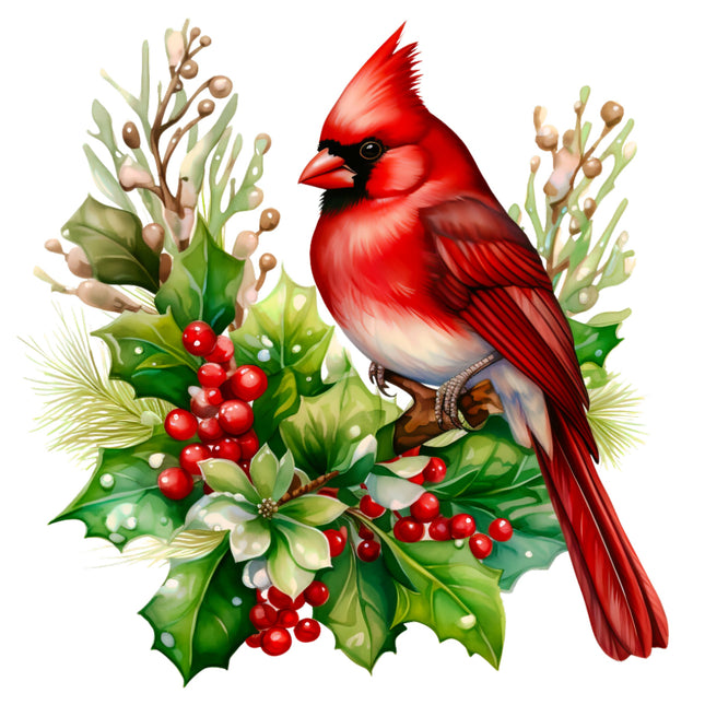 Red cardinal bird on a branch with green leaves and red berries fabric panel