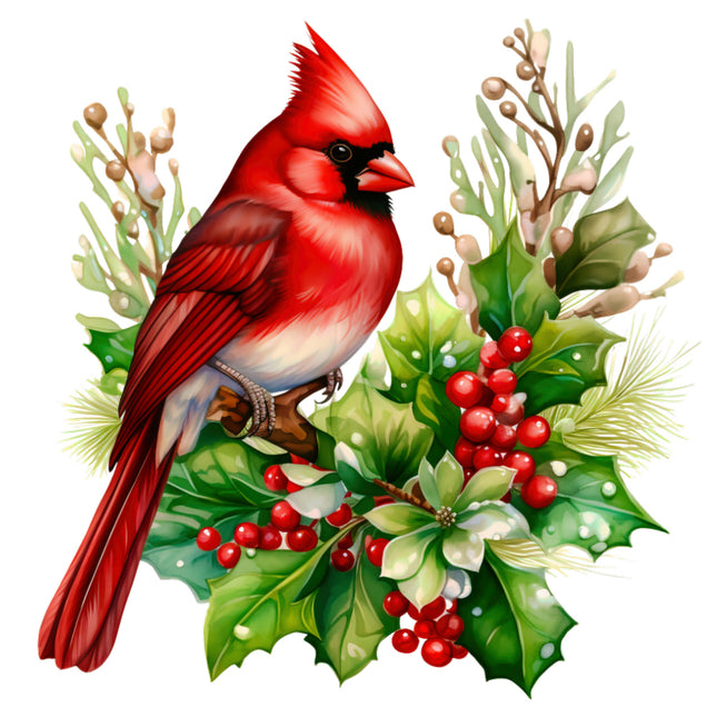 Red cardinal bird on a branch with holly leaves and berries fabric panel