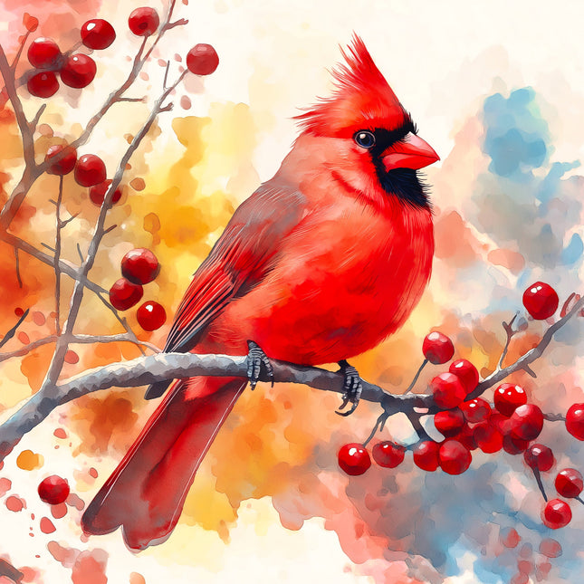Red cardinal bird perched on a branch with red berries fabric panel