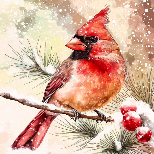 Red cardinal bird on a branch with snow and berries in the background