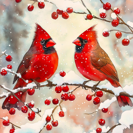 Two red cardinals perched on a branch with red berries and snow in the background fabric panel