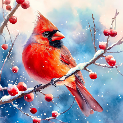 Red cardinal bird perched on a branch with red berries against a snowy background quilt panel