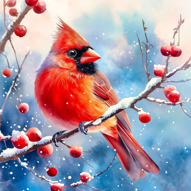 Red cardinal bird perched on a branch with red berries against a snowy background quilt panel