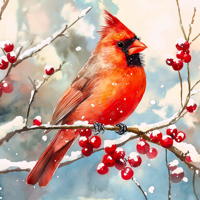Red cardinal bird perched on a branch with red berries against a snowy background fabric panel