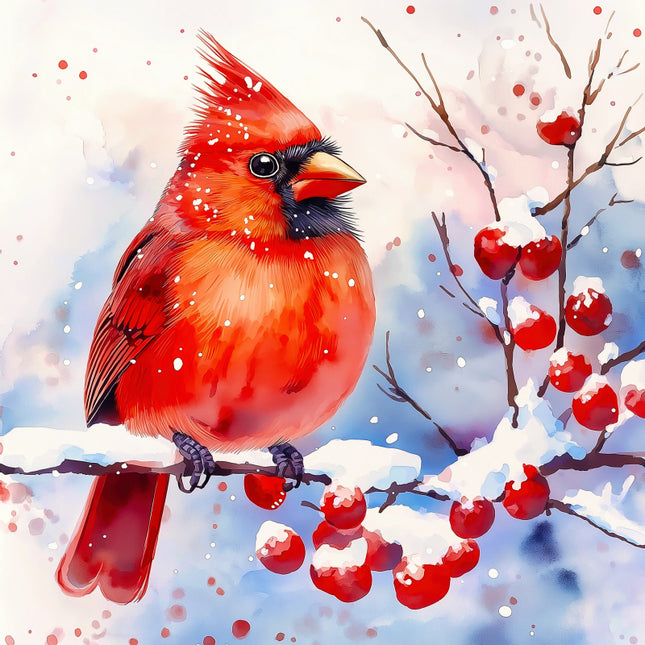 Red cardinal bird perched on a branch with snow and berries in a winter scene fabric panel
