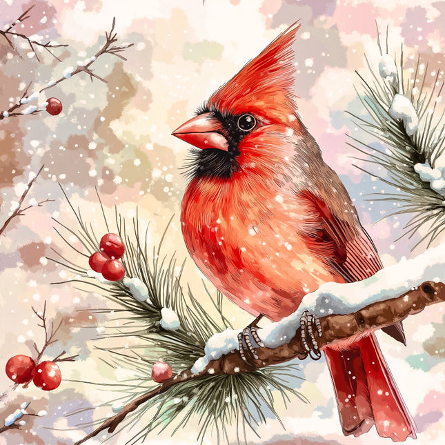 Red cardinal bird on a branch with snow and berries in a winter scene fabric panel