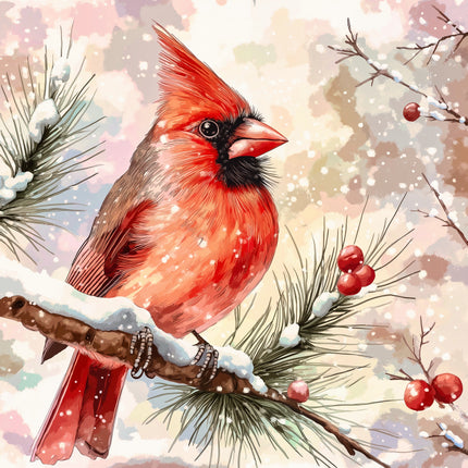 Red cardinal bird perched on a branch with snow and berries in a winter scene fabric panel