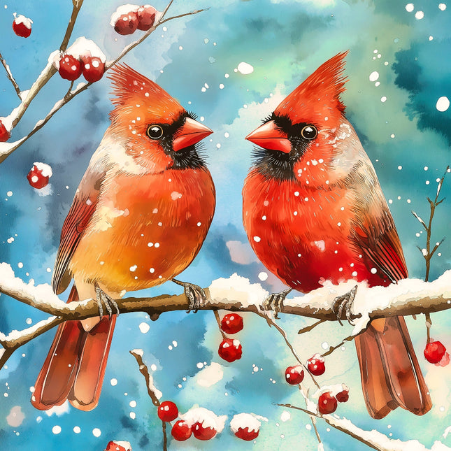 Two cardinals on a branch with berries and snow fabric panel
