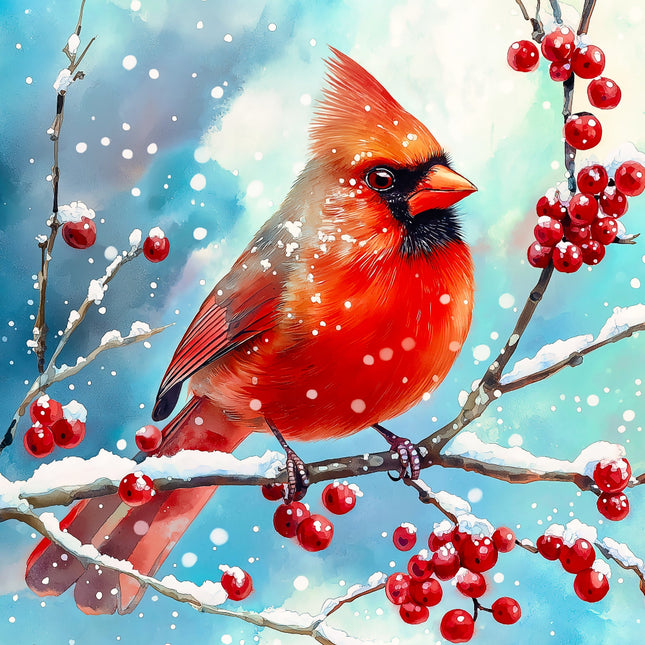 Red cardinal bird perched on a branch with red berries fabric panel