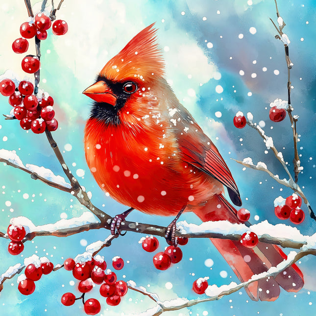 Red cardinal bird perched on a branch with red berries against a snowy background fabric panel