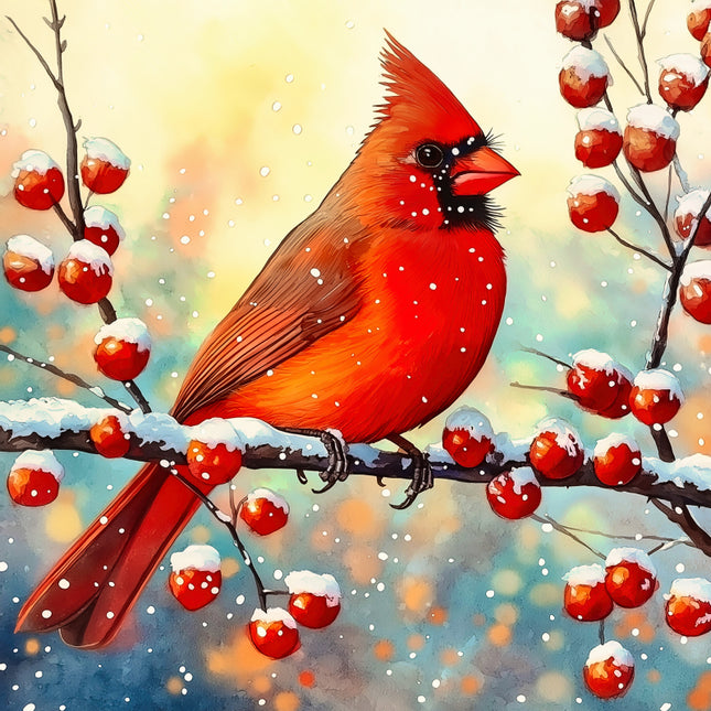 Red cardinal bird perched on a branch with snow and berries in a winter scene fabric panel