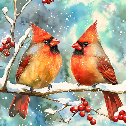 Two cardinals perched on a branch with berries and snow in the background fabric panel