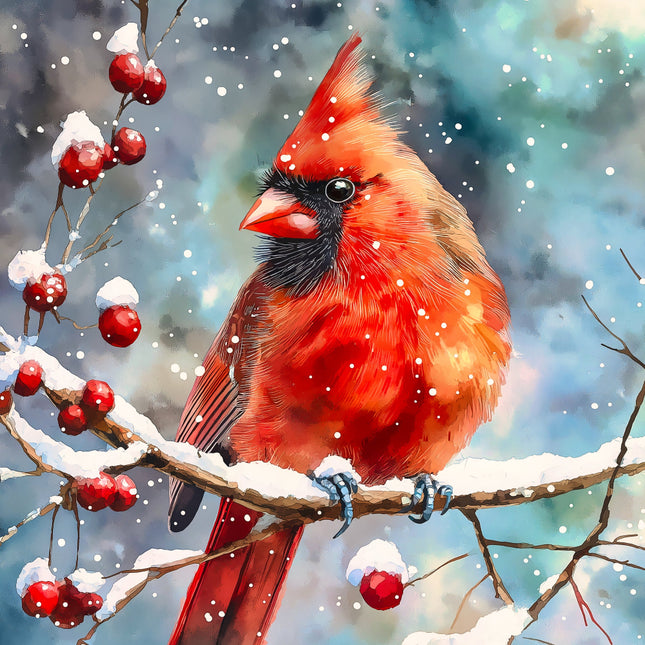 Red cardinal bird perched on a branch with snow and berries quilt panel